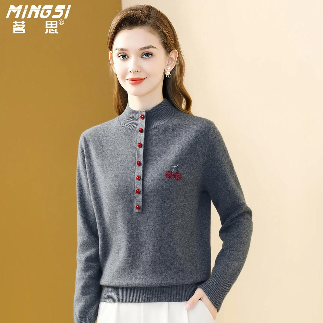 茗思时尚纯羊毛长袖针织衫女2025冬季新款半高领刺绣百搭显瘦毛衣