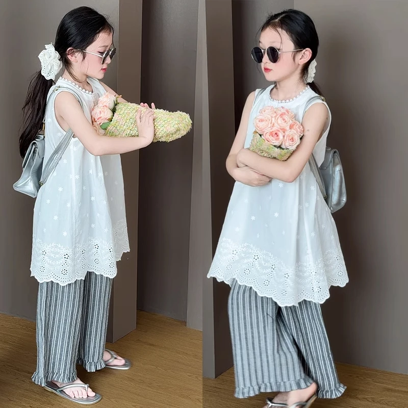 女童夏季套装2025新款儿童时髦洋气夏装大童无袖背心阔腿裤两件套