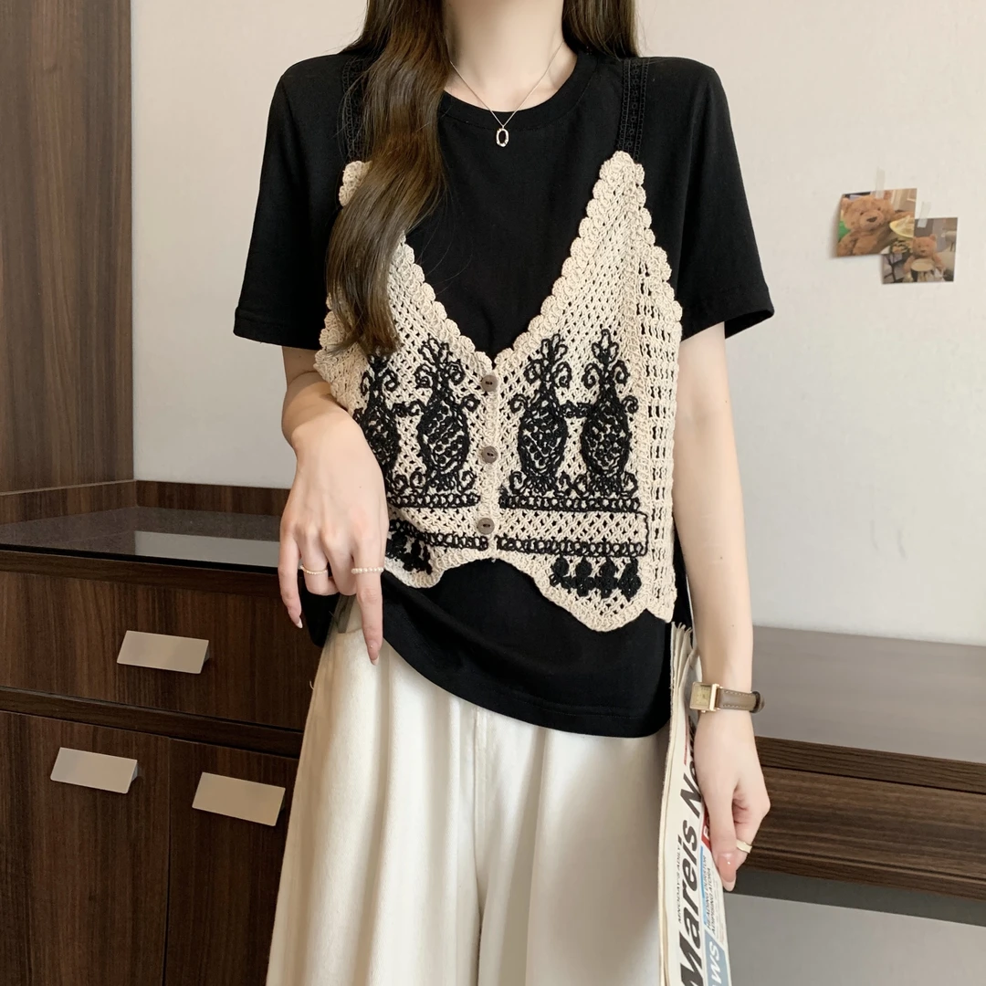 假两件套森系文艺短袖针女装2025夏季新款织勾花拼接显瘦百搭上衣