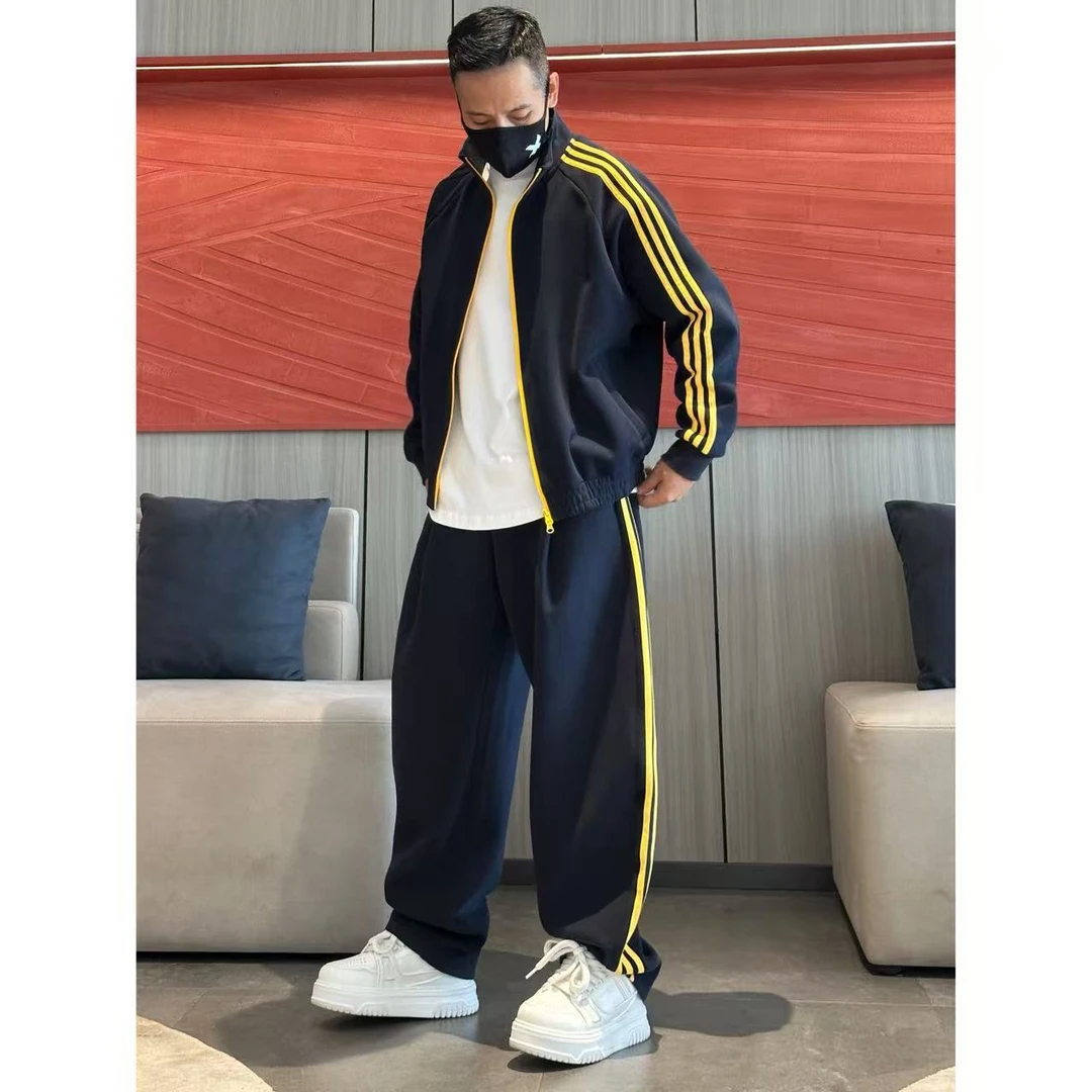 秋季新款时尚ins撞色三条杠减龄百搭显瘦立领夹克加长裤套装90251