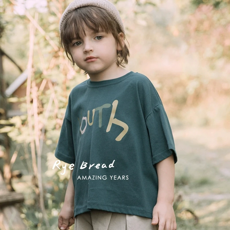ryebread/黑面包童装 韩系撞色字母印花男小童圆领短袖T恤4夏