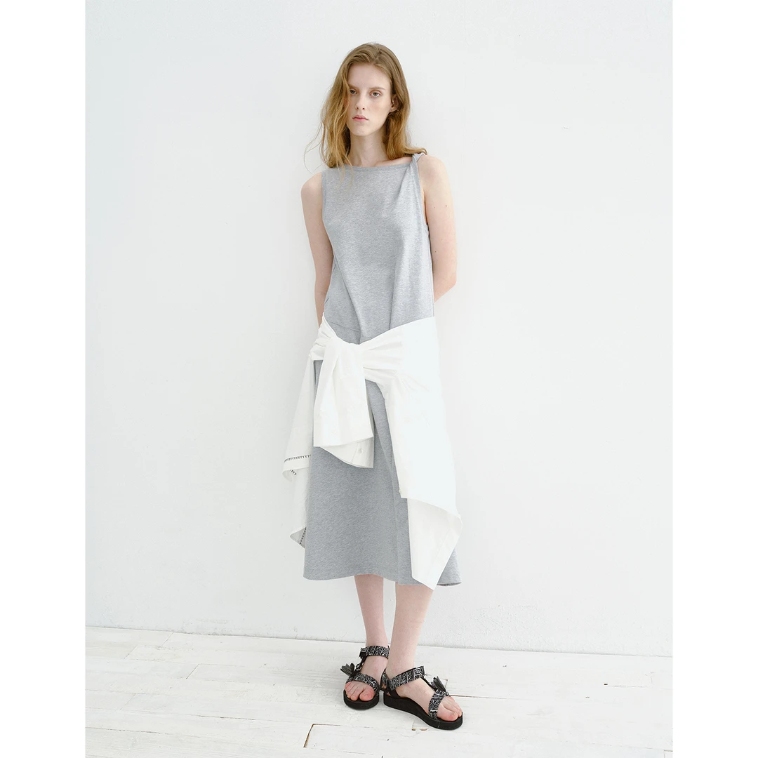 MADE OF SENSES简约宽松A版全棉针织料肩部纽结背心裙长款连衣裙