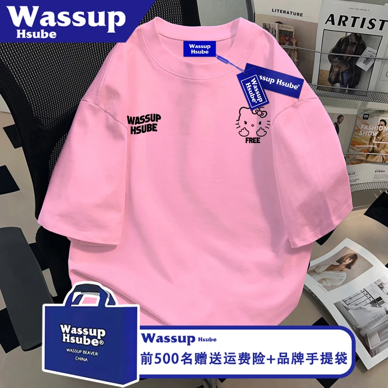 WASSUP HSUBE夏纯棉卡通印花上衣男女款粉红色宽松T恤ins新款短袖
