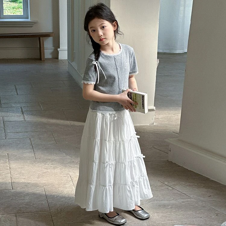 儿童公主风气质女童白色休闲套装蝴蝶花仙女休闲中长款半身裙夏季