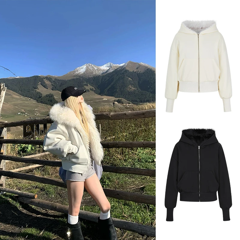 Moses Queen/魔西女王毛领加绒保暖短款开衫连帽加厚宽松卫衣外套