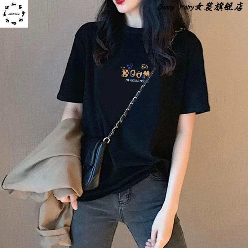 黑色纯棉短袖t恤女正肩新款韩版宽松遮肚设计感时尚卡通百搭上衣