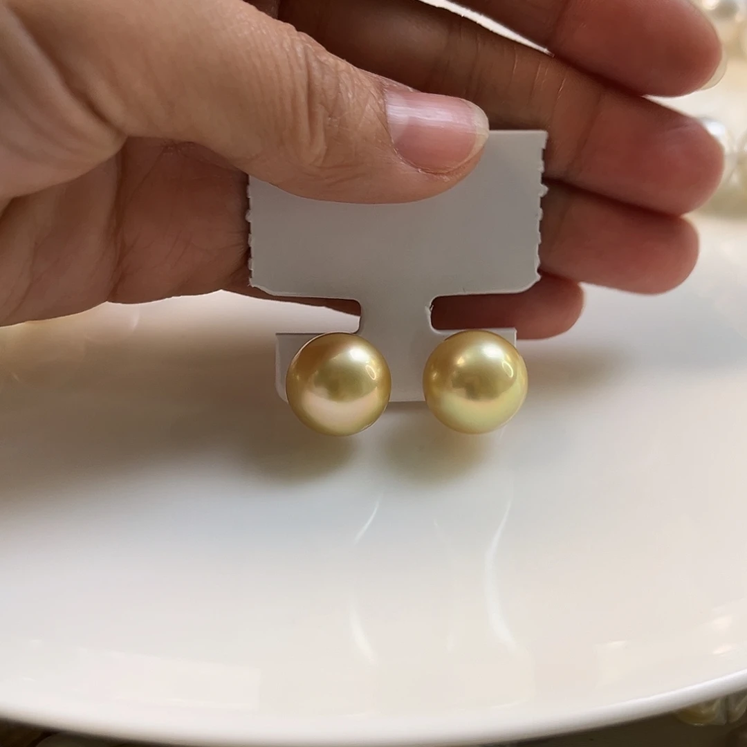 18K金镶嵌耳饰海水珍珠南洋茶金14mm