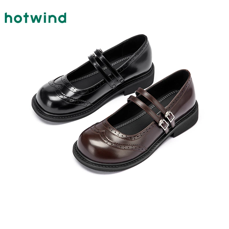 热风2025年秋季新款玛丽珍英伦风小皮鞋配裙子粗跟单鞋H28W25302