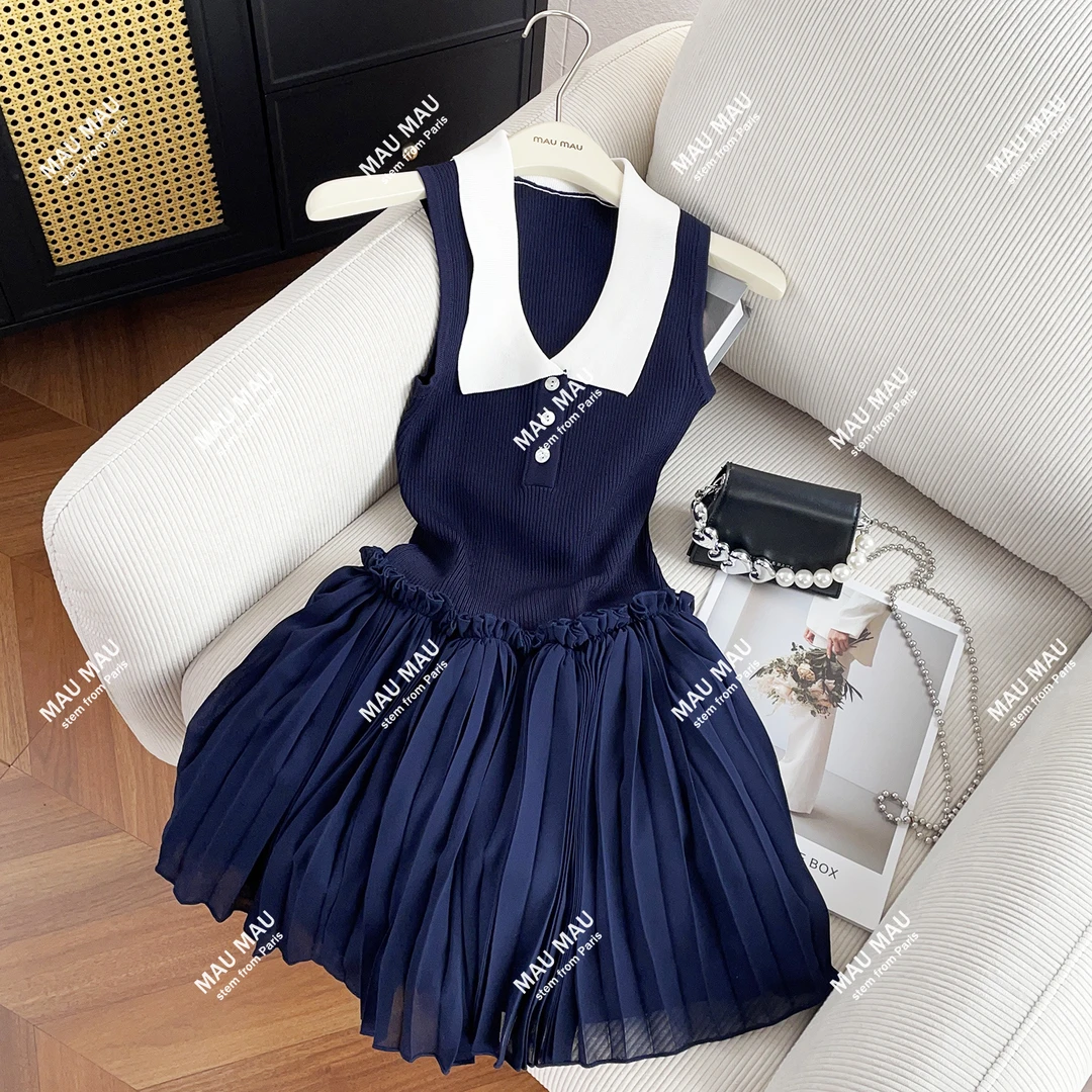 2025高端女装秋清新减龄压褶拼接针织收腰背心连衣裙DY7771