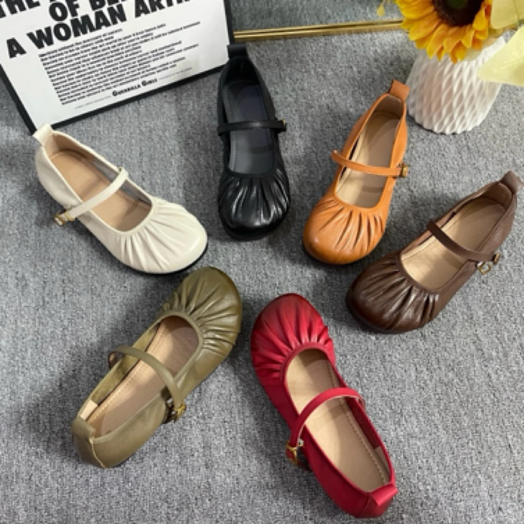 春秋新款复古软底豆豆鞋牛皮浅口单鞋女舒适百搭平底鞋特殊工艺