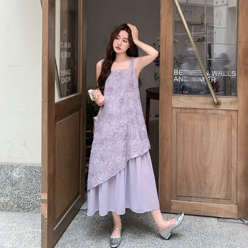法式提花连衣裙女2025夏季新款优雅气质氛围感温柔风假两件吊带裙