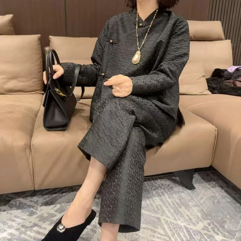 秋冬新款中式风复古气质小花朵精致上衣➕裤子两件套