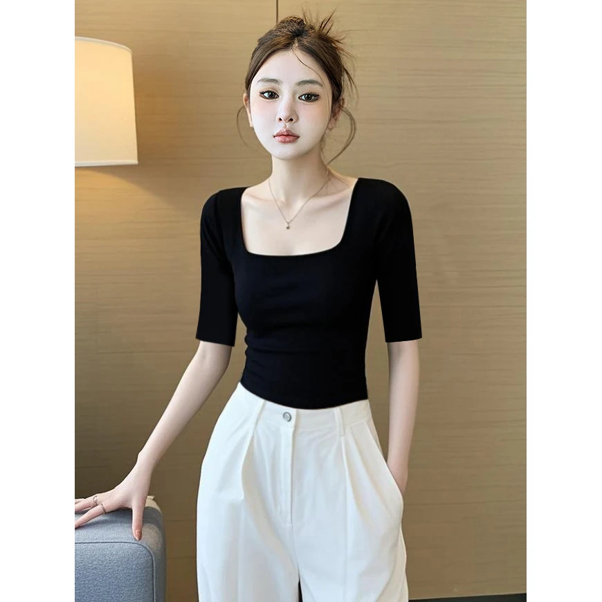 纯棉黑色方领中袖t恤女春夏季新款五分袖内搭打底衫低领修身上衣
