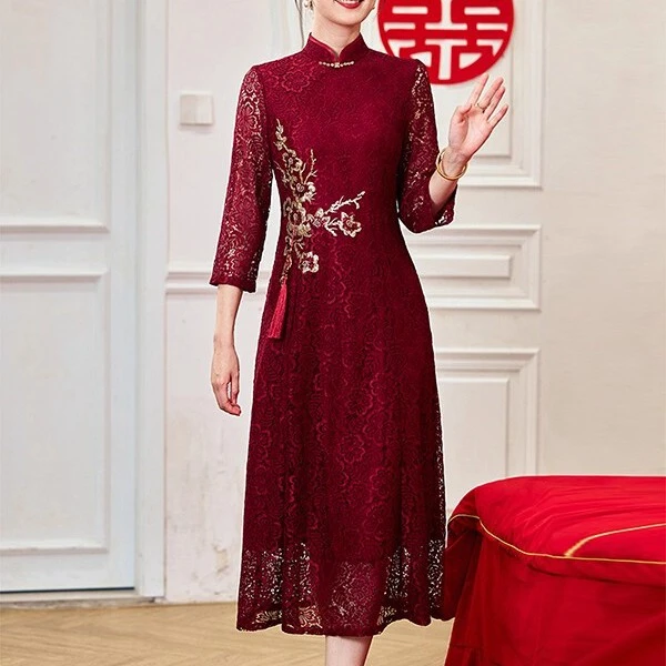 妈妈婚宴礼服年轻旗袍喜婆婆婚礼喜服2025新款红色连衣裙平时可穿