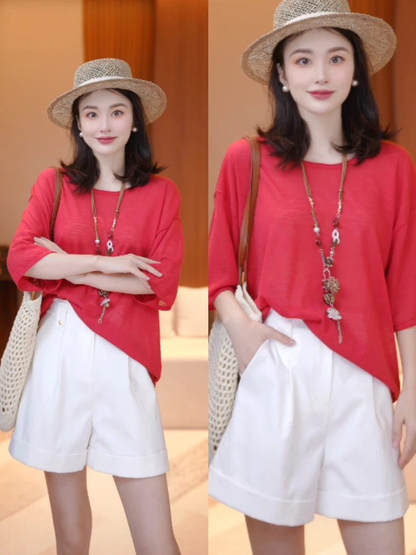 【法式风情】透气干爽显瘦亚麻卷边懒人针织打底短袖T恤XY253109