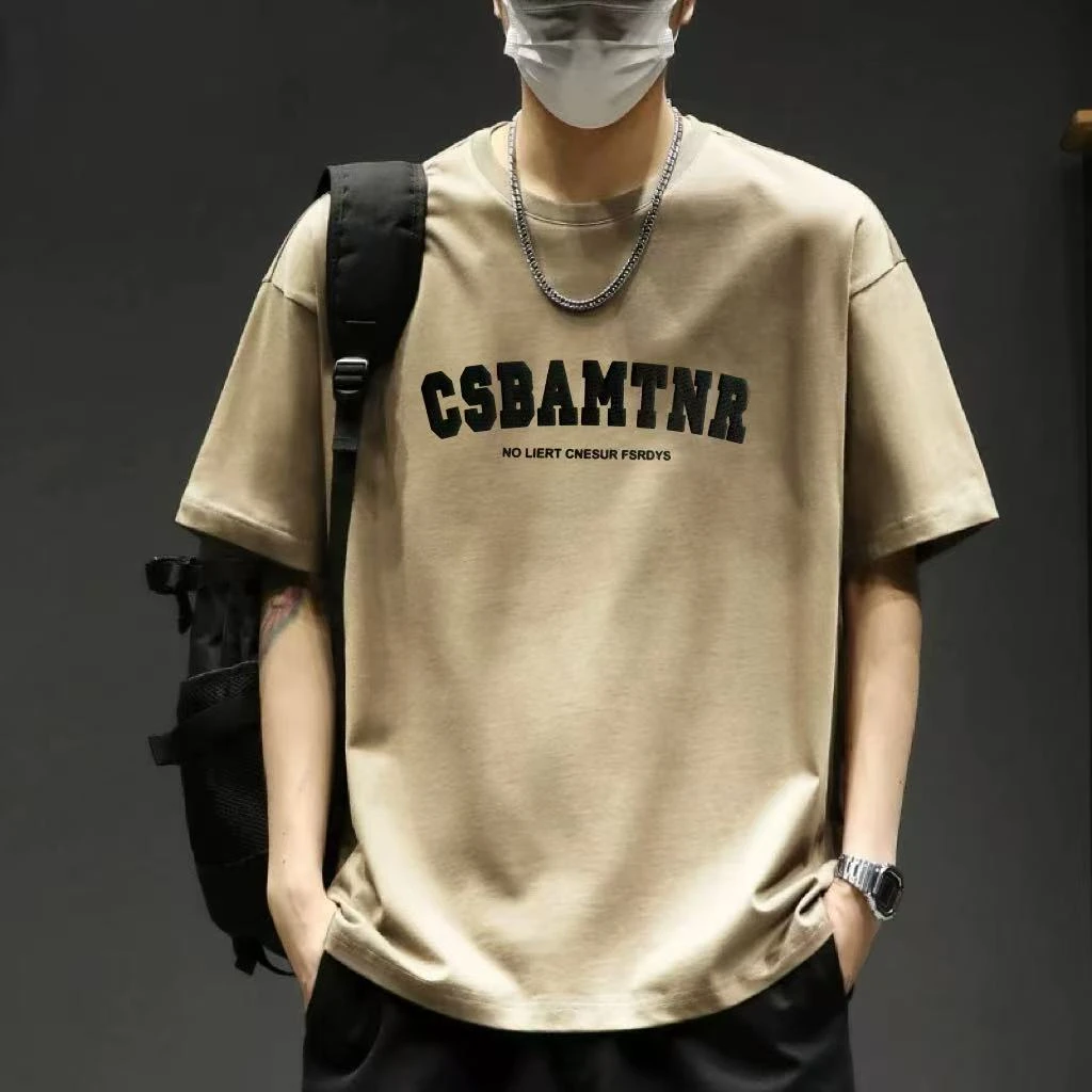 新款纯棉圆领休闲宽松男款百搭视频T恤高端男士港风半袖-5842