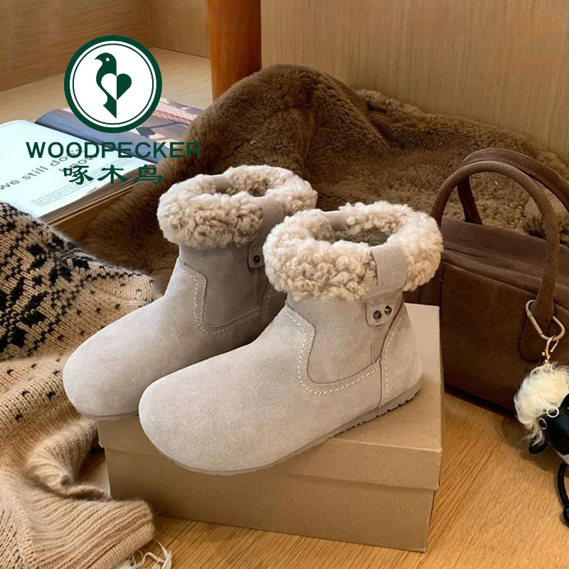 啄木鸟内增高5cm气质加绒大头短靴女2024新款秋冬小个子勃肯棉靴