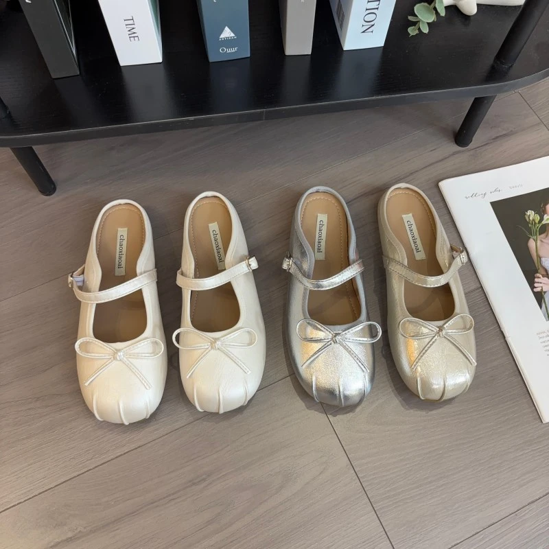 2025新款蝴蝶结平底半拖鞋女包头仙女风包头拖法式温柔软底低跟拖