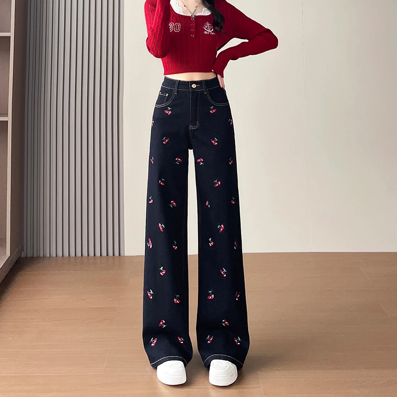 刺绣丹宁蓝阔腿牛仔长裤女秋冬季新款宽松显瘦设计感弹力拖地裤子