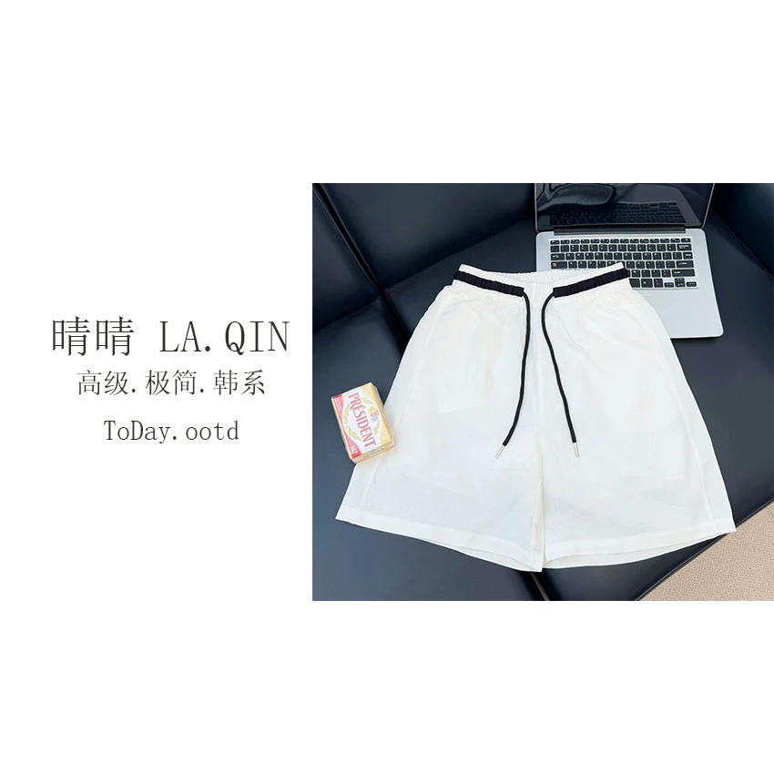 晴晴家-【老钱风雨露麻短裤】韩系休闲复古百搭撞色腰头短裤5320