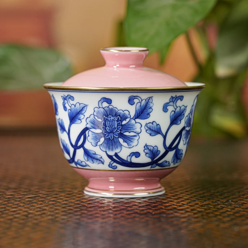 【央广非遗】一如山房粉红描金青花（缠枝牡丹）盖碗yrsf33