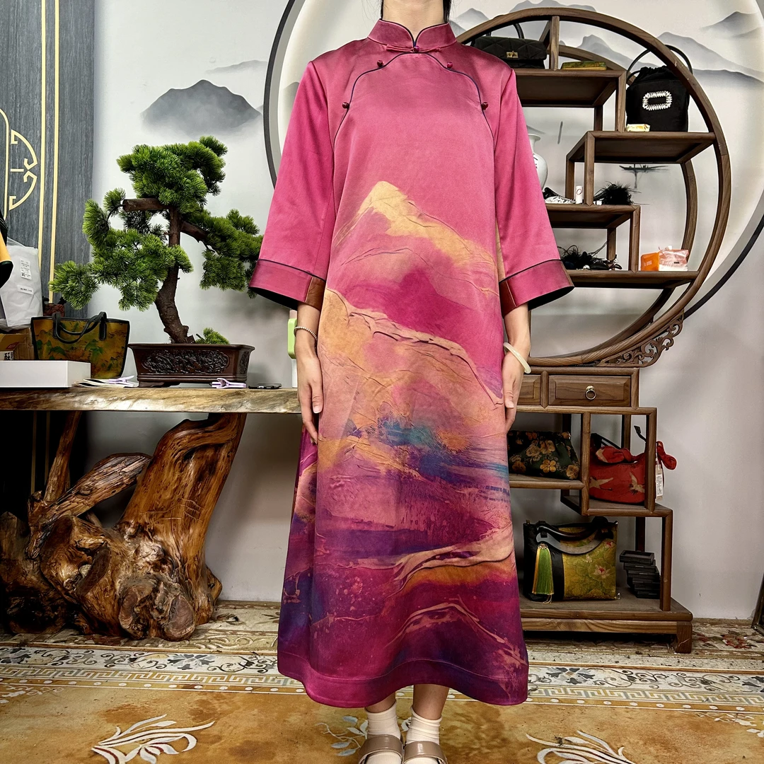 60姆米粉色日照金山美菱襟连衣裙100桑蚕丝款香云纱