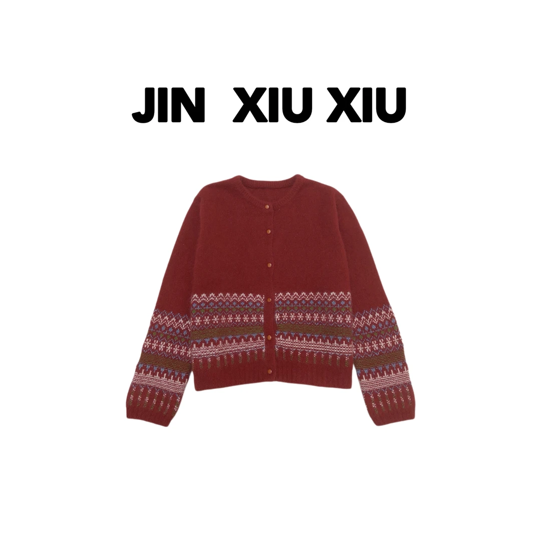 【金秀秀】【深圳出品】054冬季新款圆领复古提花毛衣开衫