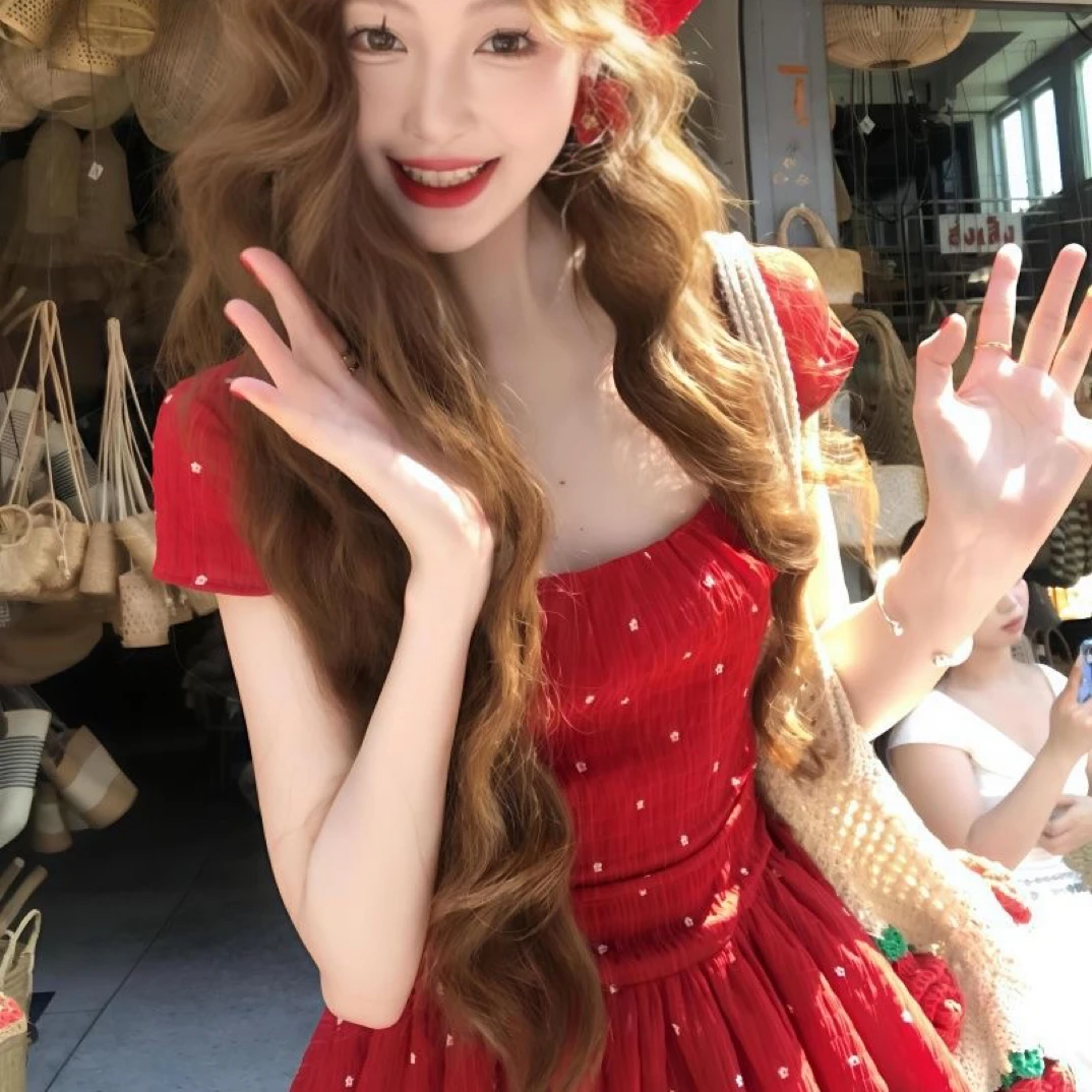 2025夏日度假韩系甜美红色波上衣高腰修身显瘦大裙摆半身裙套装女