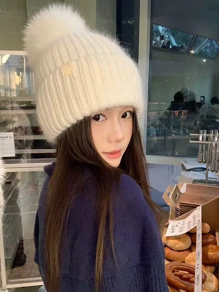 【森林推荐】冰岛花少同款兔毛针织帽女冬真狐狸毛球护耳保暖毛线帽