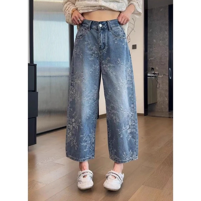 欧货提花直筒牛仔裤女夏季薄款大码梨形身材高腰显瘦阔腿九分裤子