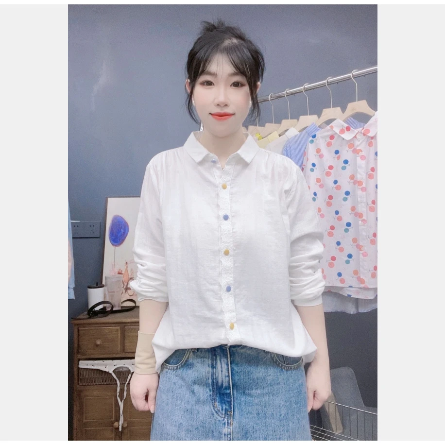 长袖衬衫彩扣纯色百搭翻领白色打底简约春夏新款衬衣春季服饰小众