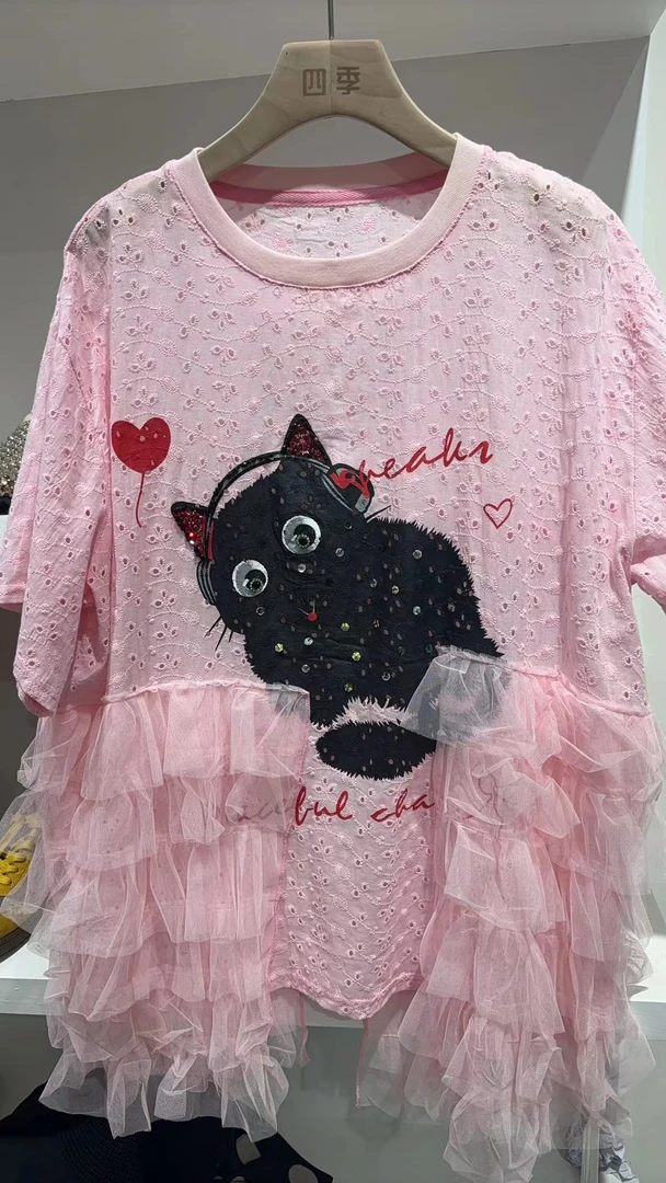 SI JI 轻盈漫步蕾丝猫半袖66393