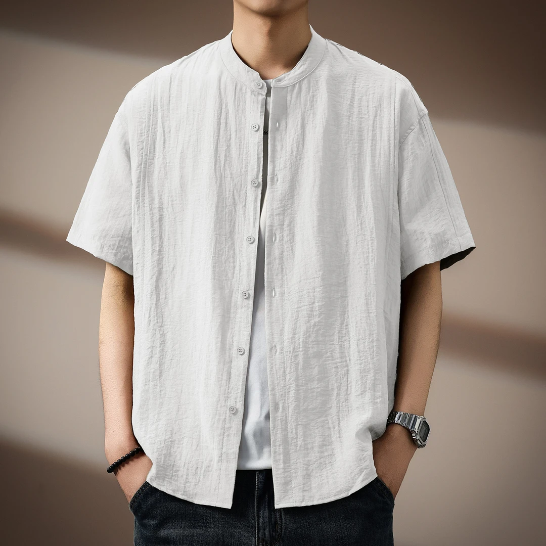 高端肌理感亚麻立领休闲衬衫男夏季薄款皱感砂洗宽松纯色短袖上衣