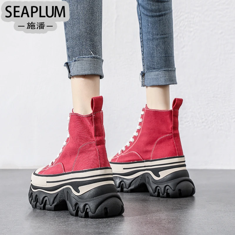SEAPLUM百搭增高帆布鞋女ins潮2025春季新款女鞋厚底高帮鞋欧货