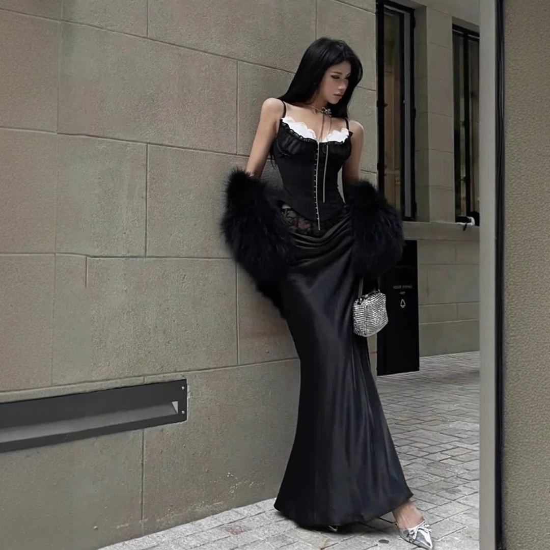 Z7298性感辣妹吊带抹胸女春夏小众蕾丝拼接包臀长裙御姐气质套装