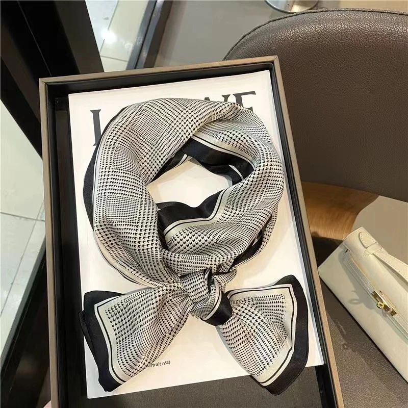 ZS633【145素绉缎飘带】黑白千鸟格 桑蚕丝四季百搭女士双层飘带