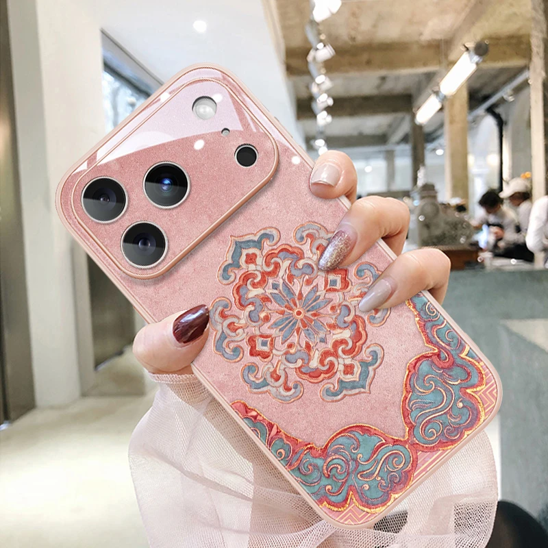 适用苹果17promax手机壳高级感iphone16东方锦纹15promax玻璃外壳