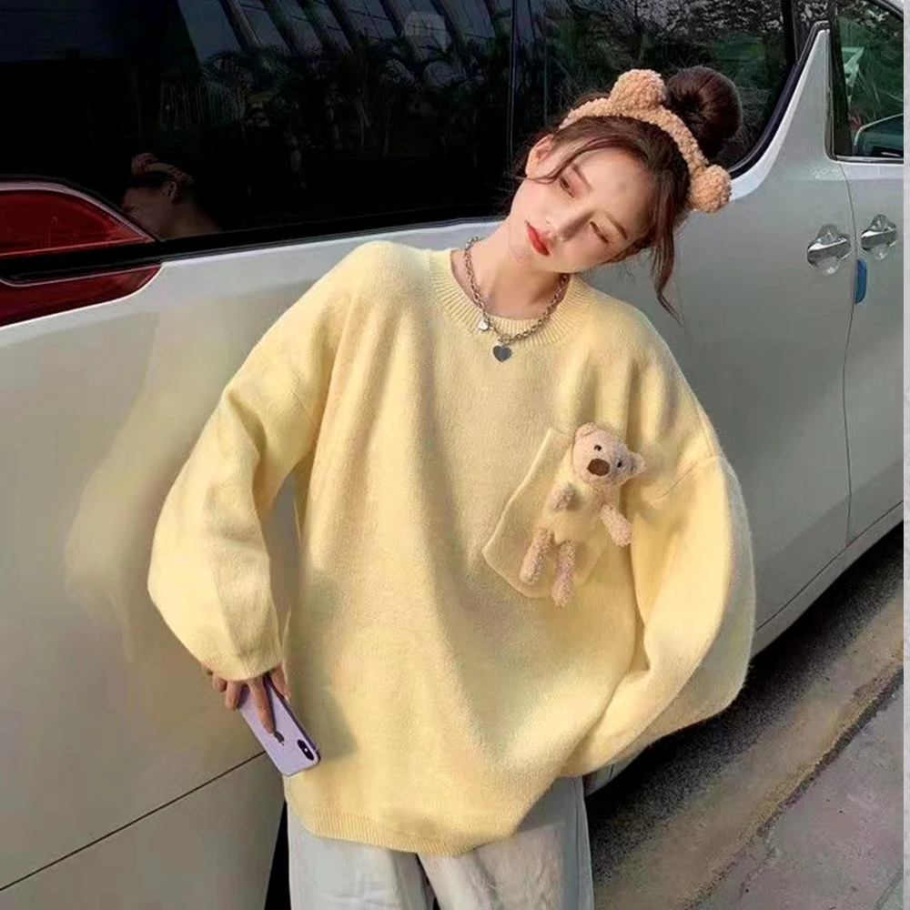 小熊宽松慵懒风毛衣女套头卡通内搭打底针织衫韩版紫色2024年新款