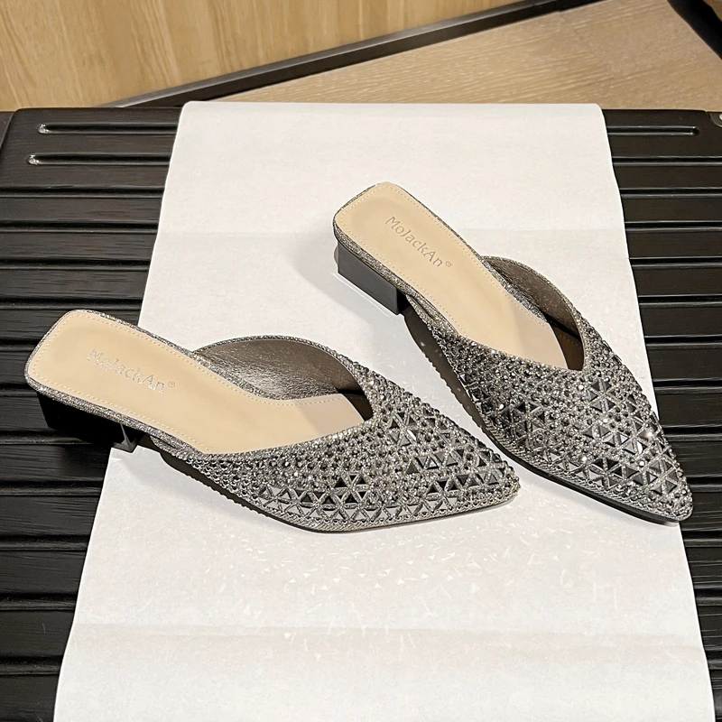 包头半拖鞋女外穿2025新款夏季水钻无后跟单鞋满钻满天星时尚凉拖