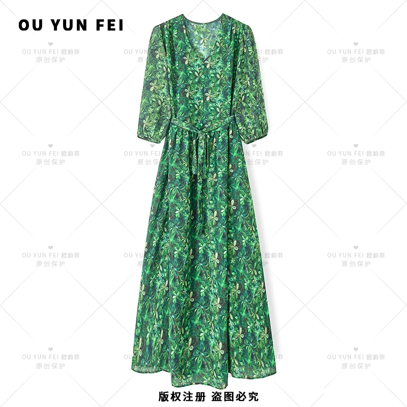 【祖母绿】长款显瘦长裙印花连衣裙女士轻奢莫奈花园风F2222