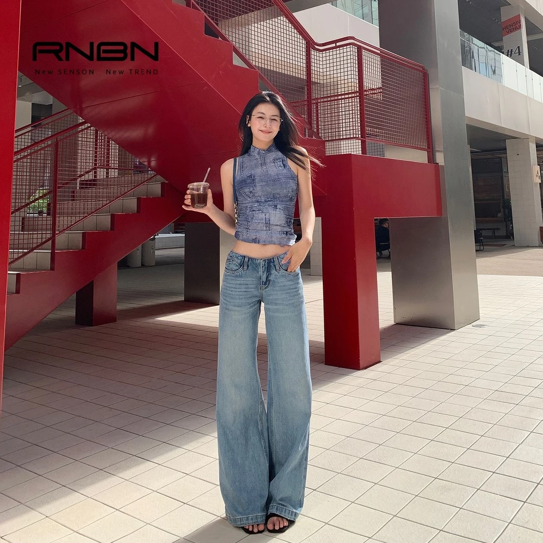 RNBN新款莱赛尔复古水洗低腰牛仔裤无腰头凉感垂感直筒休闲类裤