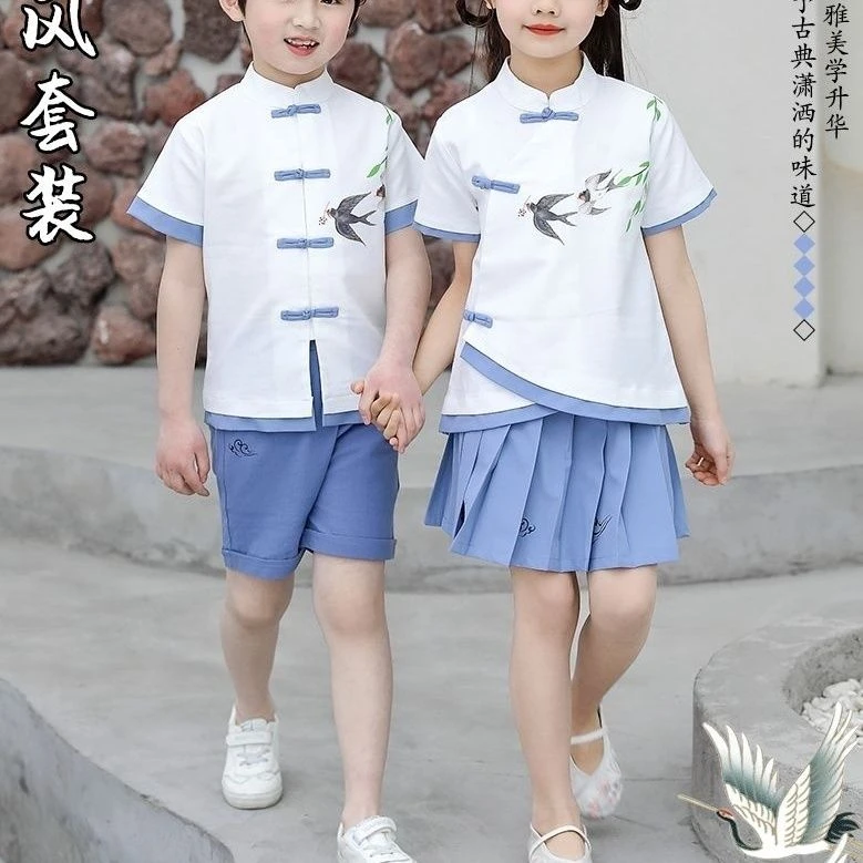 P719夏季高端蓝色国风柳叶儿棉麻国风套装男生女生