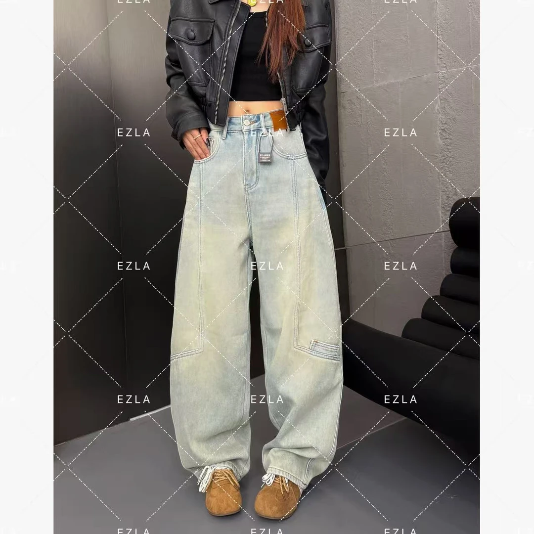 EZ8638新款加绒宽松时髦洋气弯刀裤氛围感穿搭百搭显瘦网红牛仔裤