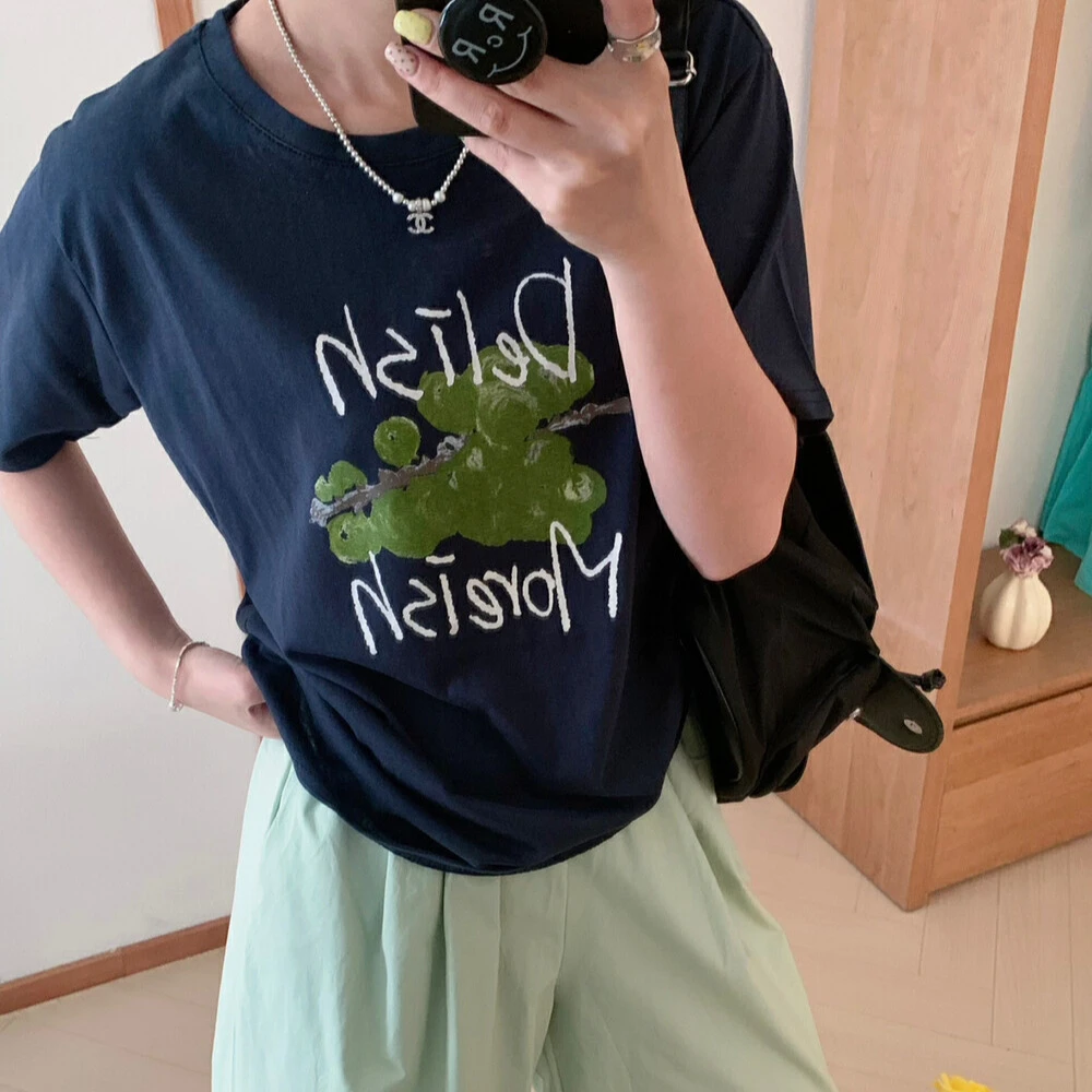 韩系2025夏季新款休闲复古ins减龄葡萄印花短袖T恤女宽松显瘦上衣