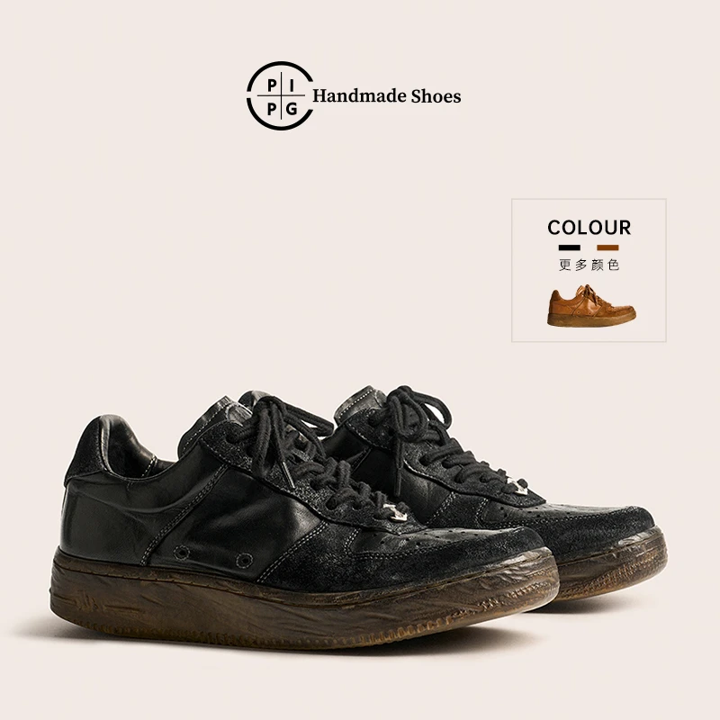 PIPG男鞋小众原创设计手工真皮黑色复古运动休闲板鞋洗水