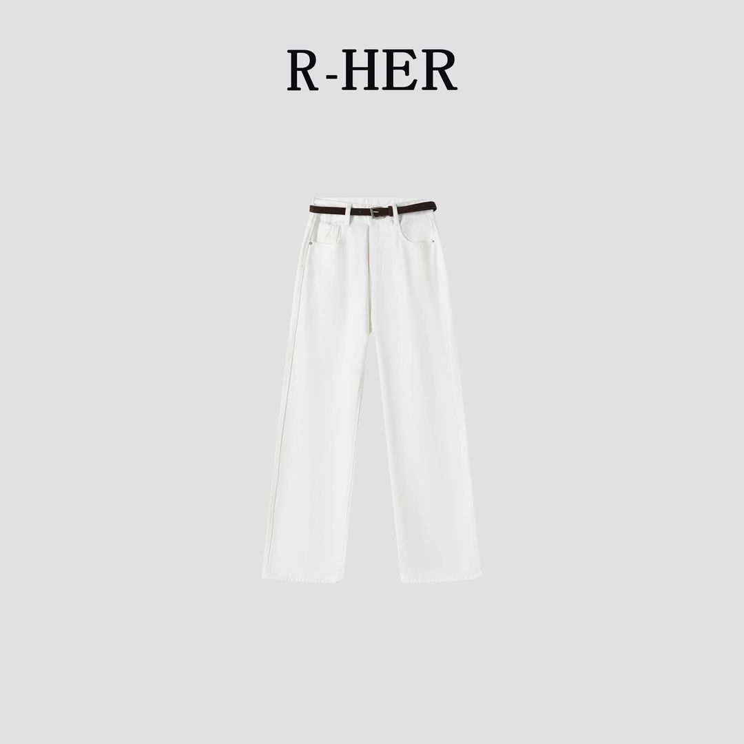 R-HER【小马白牛】新款宽松休闲百搭洋气小马刺绣时尚牛仔白色长裤