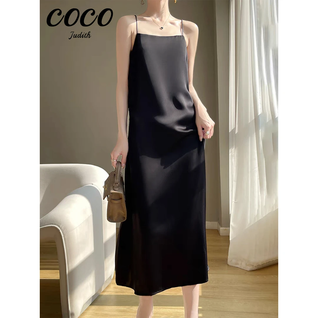 【RG6977】2025年新款夏季法式极简慵懒风显瘦一字领丝滑抗皱吊带裙