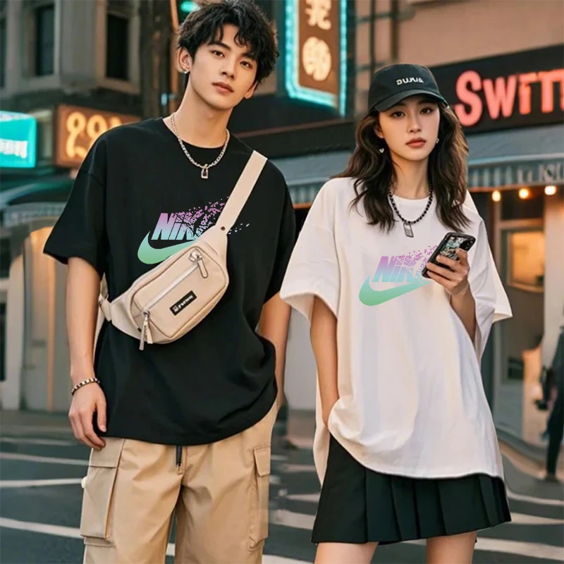 014联名款潮牌T恤男女同款时尚百搭圆领印花t恤短袖飘散勾