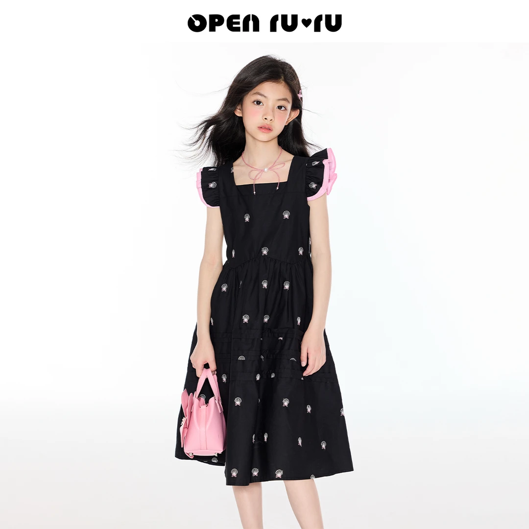 Opennunu女童木耳边小飞袖公主裙夏季中大童设计感连衣裙黑色长裙