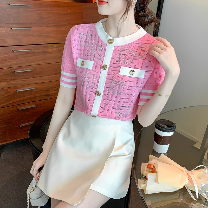 气质撞色小香风冰丝针织衫女2025夏季新款短袖镂空薄款上衣T828